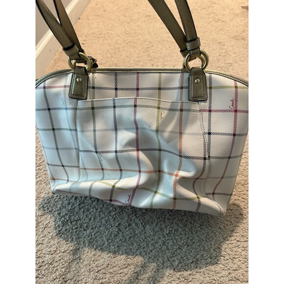 Coach Peyton Tattersall Tote Purse Handbag Ivory Plaid - Picture 6 of 11